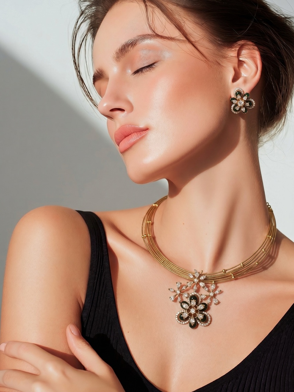 Elegant Gold Floral Crystal Necklace and Earrings Set